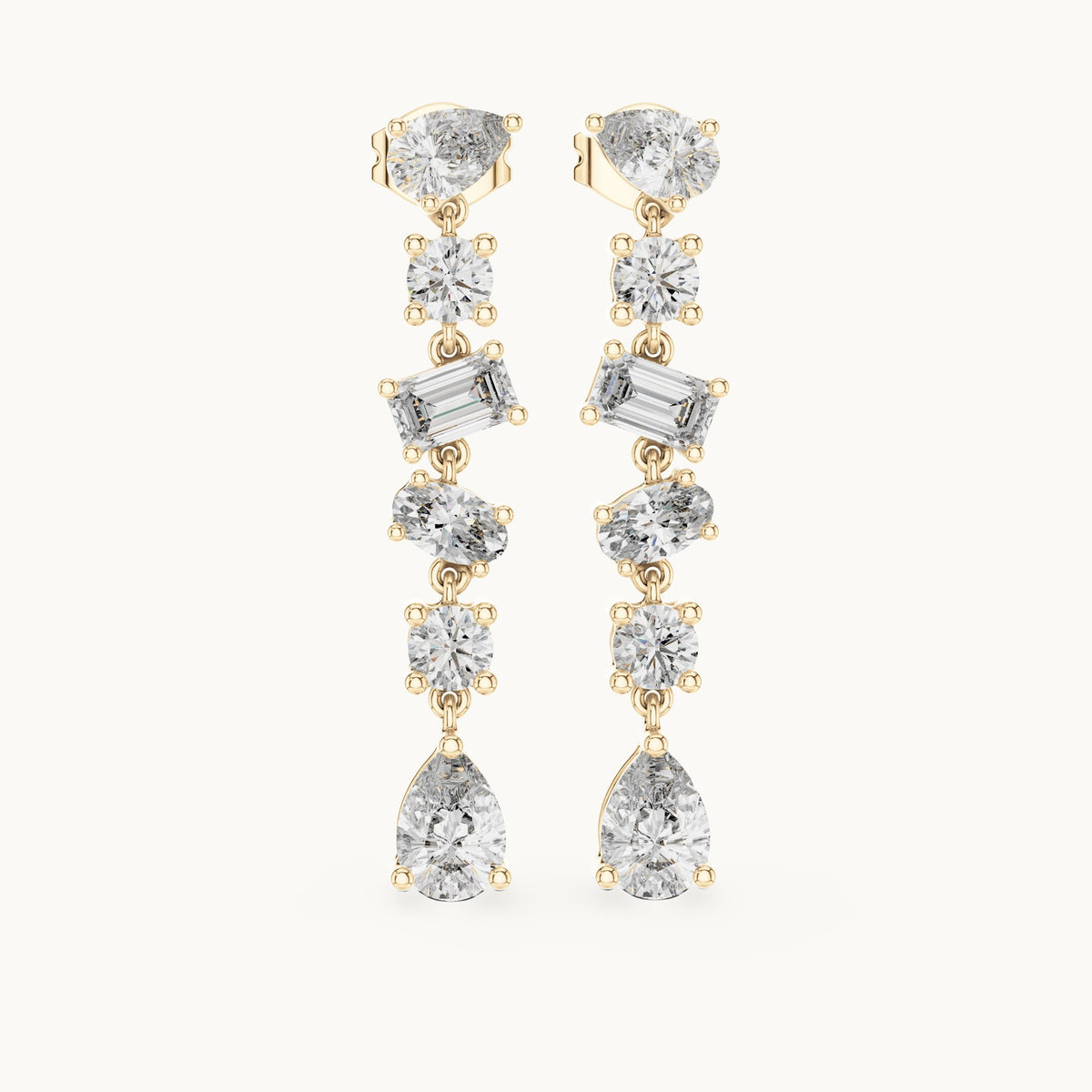 Pear, round and emerald-cut lab-grown diamond mixed-cut cascade drop earrings in yellow gold, 2.88 CT TW, view 4