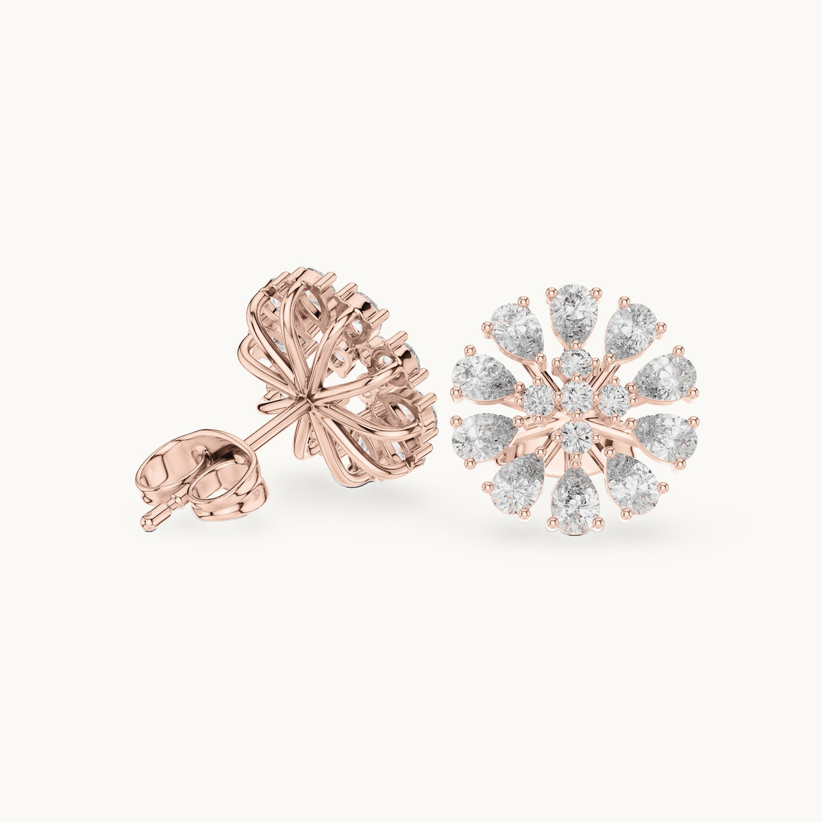 Pear and round lab-grown diamond flower stud earrings in rose gold, 0.95 CT TW, view 1