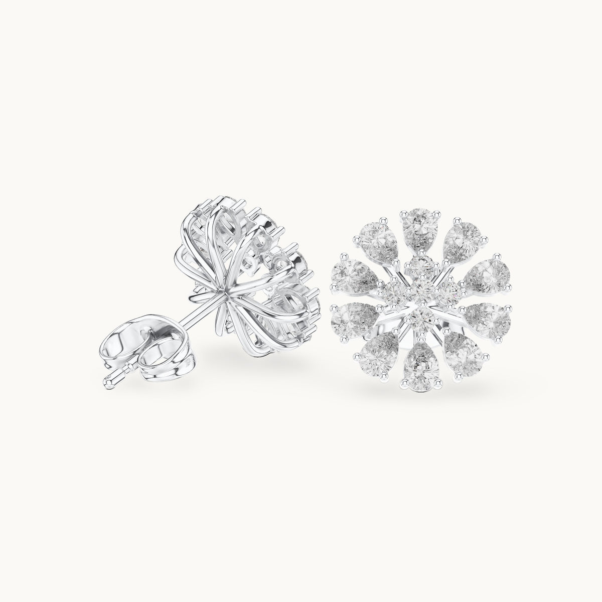 Pear and round lab-grown diamond flower stud earrings in white gold, 0.95 CT TW, view 1