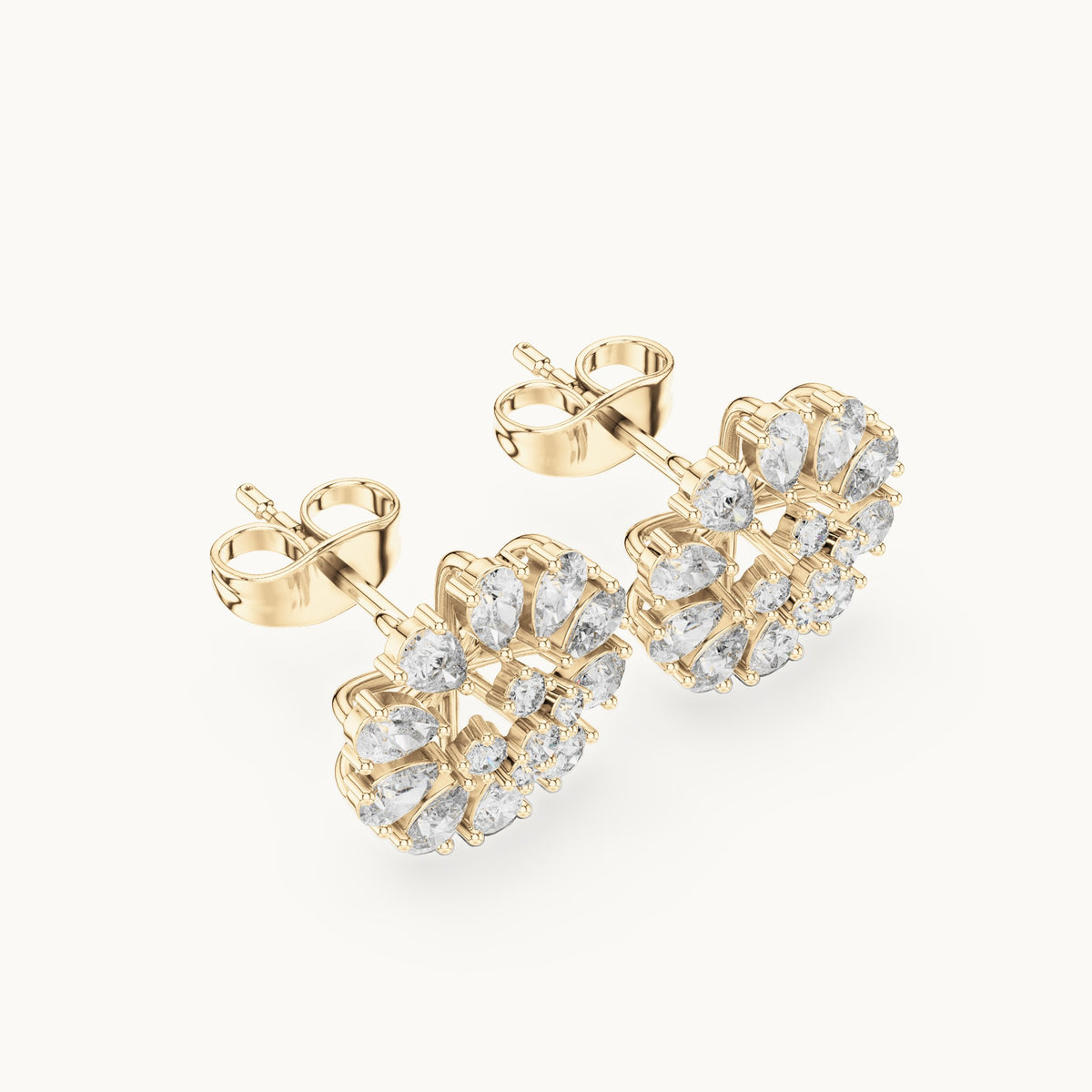 Pear and round lab-grown diamond flower stud earrings in yellow gold, 0.95 CT TW, view 2
