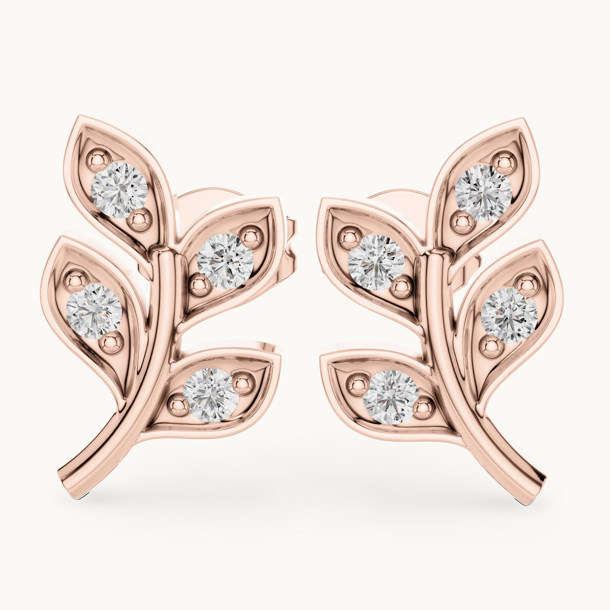 Round lab-grown diamond leaf branch stud earrings in rose gold, 0.28 CT TW, view 1