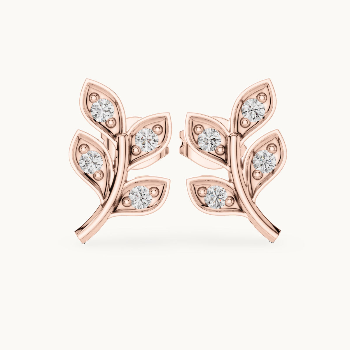 Round lab-grown diamond leaf branch stud earrings in rose gold, 0.28 CT TW, view 4