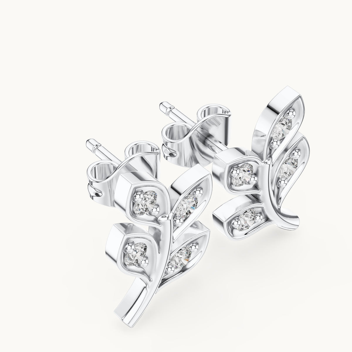 Round lab-grown diamond leaf branch stud earrings in white gold, 0.28 CT TW, view 2