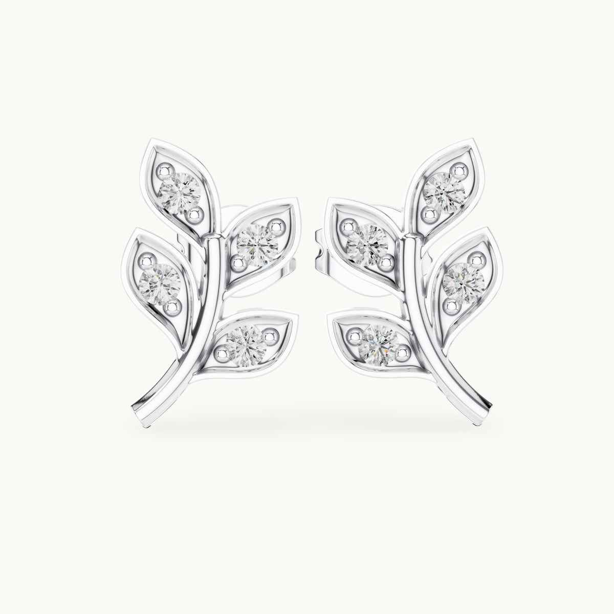 Round lab-grown diamond leaf branch stud earrings in white gold, 0.28 CT TW, view 4