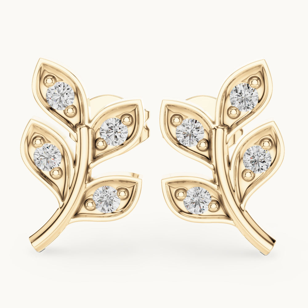 Round lab-grown diamond leaf branch stud earrings in yellow gold, 0.28 CT TW, view 1