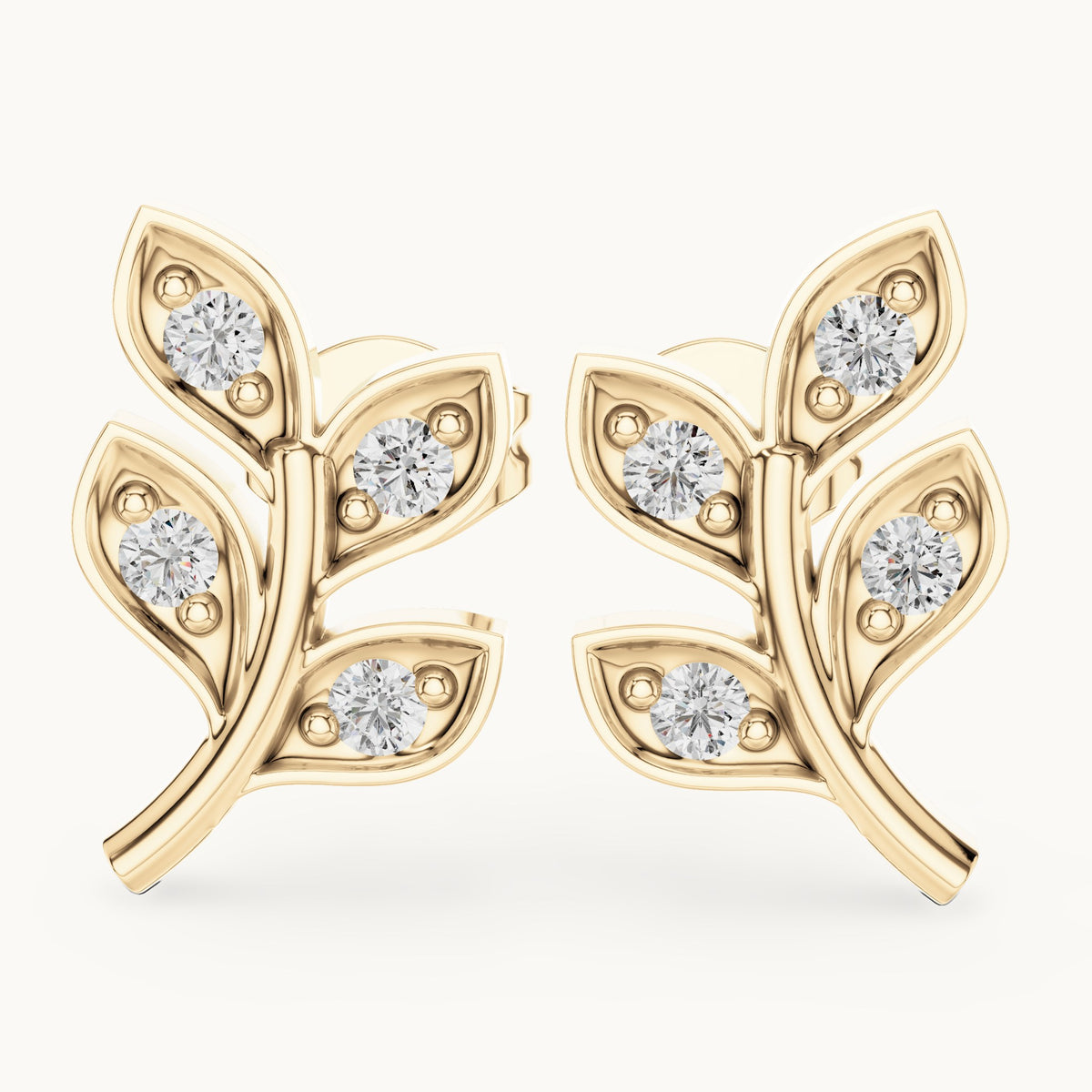 Round lab-grown diamond leaf branch stud earrings in yellow gold, 0.28 CT TW, view 1