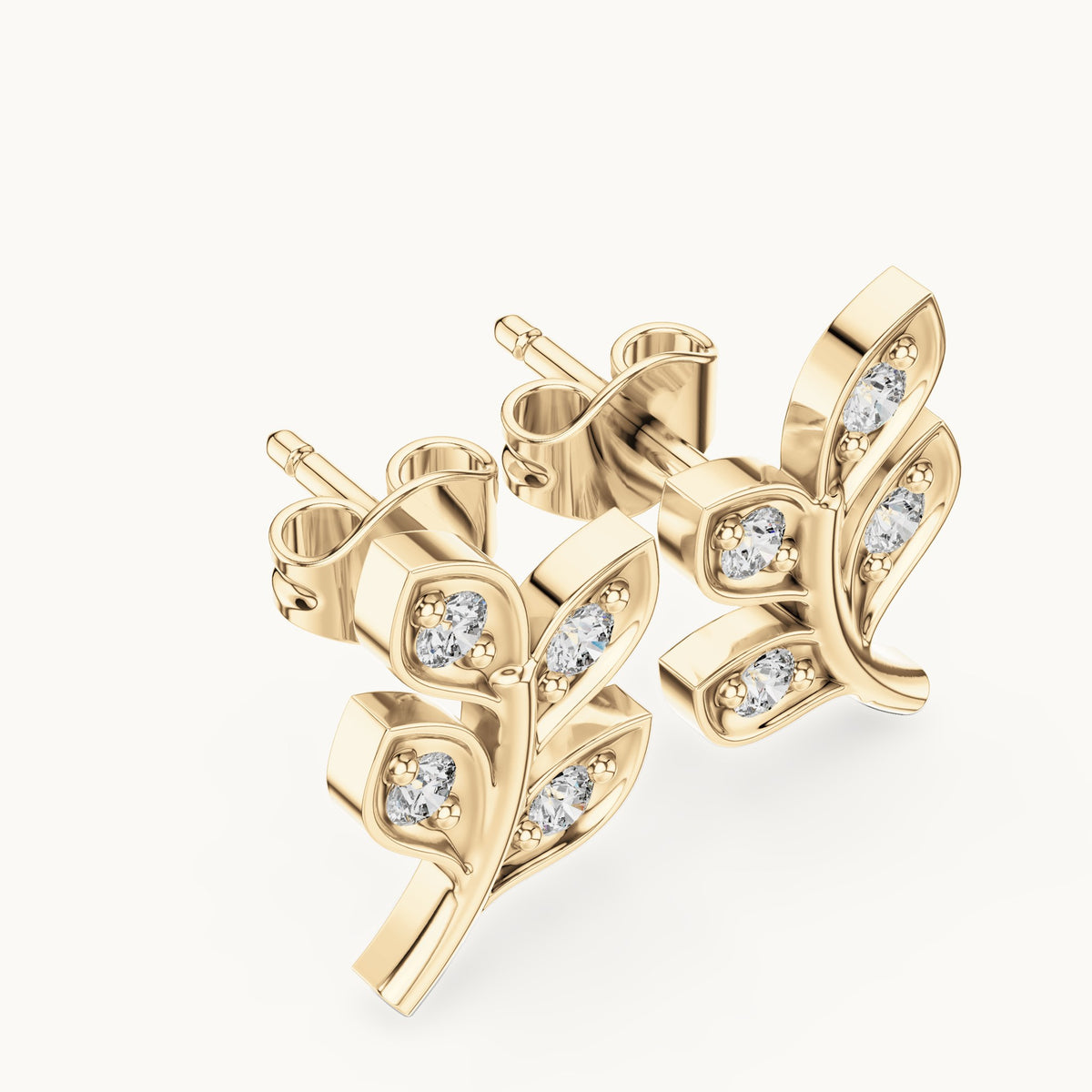 Round lab-grown diamond leaf branch stud earrings in yellow gold, 0.28 CT TW, view 2
