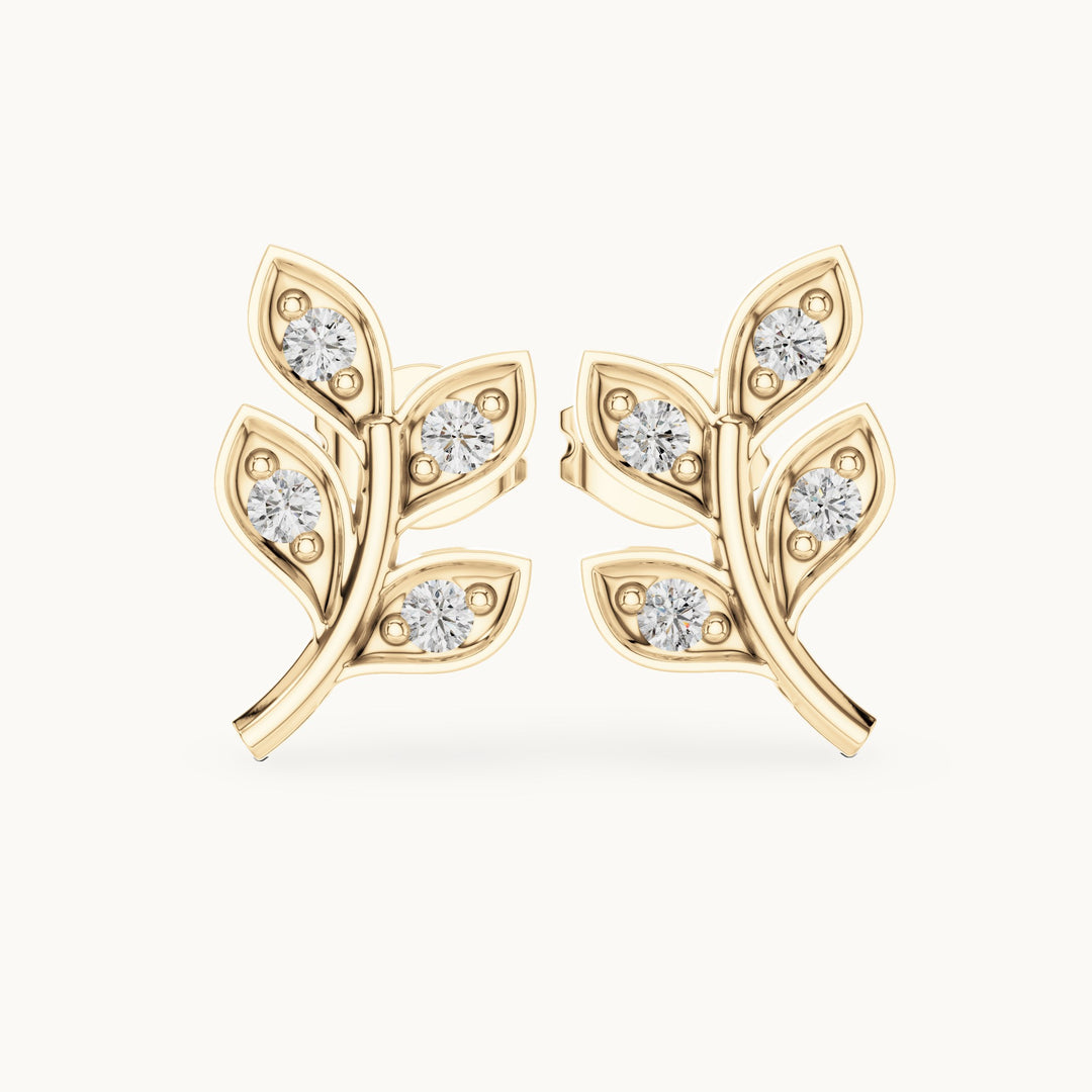 Round lab-grown diamond leaf branch stud earrings in yellow gold, 0.28 CT TW, view 4