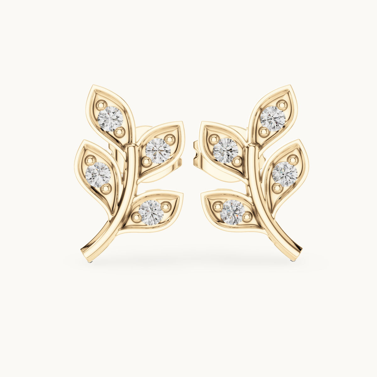 Round lab-grown diamond leaf branch stud earrings in yellow gold, 0.28 CT TW, view 4
