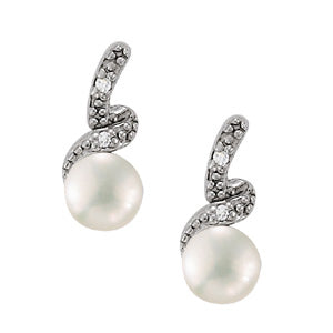 14K White Gold Diamond Pearl Drop Earrings