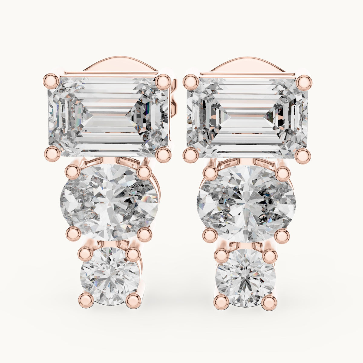 Emerald-cut, oval and round lab-grown diamond three-stone drop earrings in rose gold, 2.38 CT TW, view 1