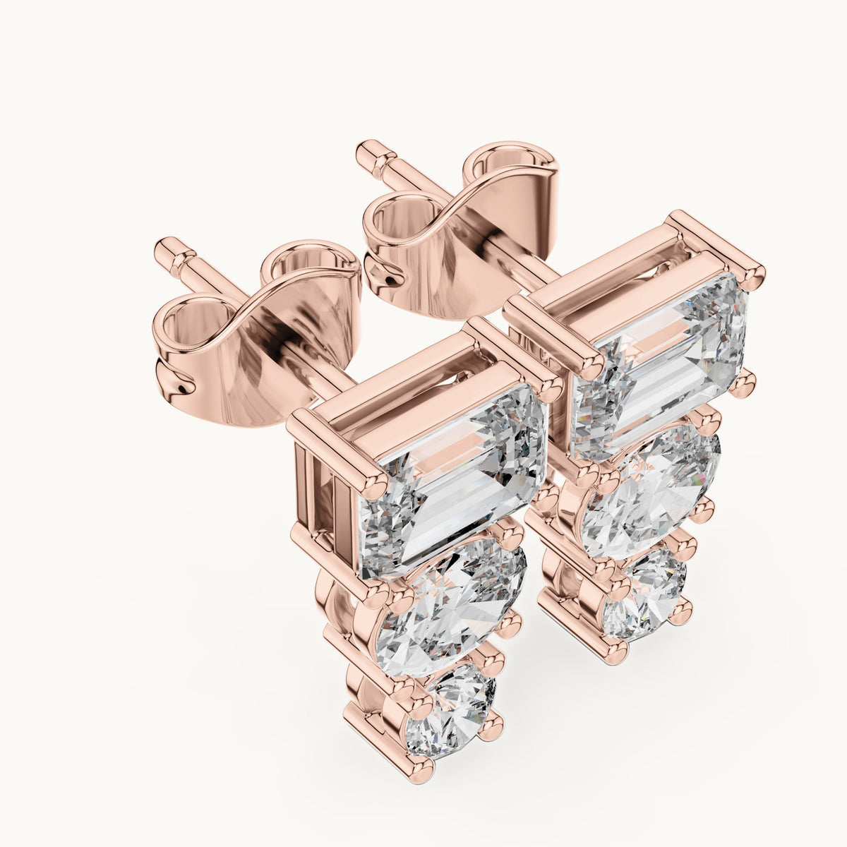 Emerald-cut, oval and round lab-grown diamond three-stone drop earrings in rose gold, 2.38 CT TW, view 2