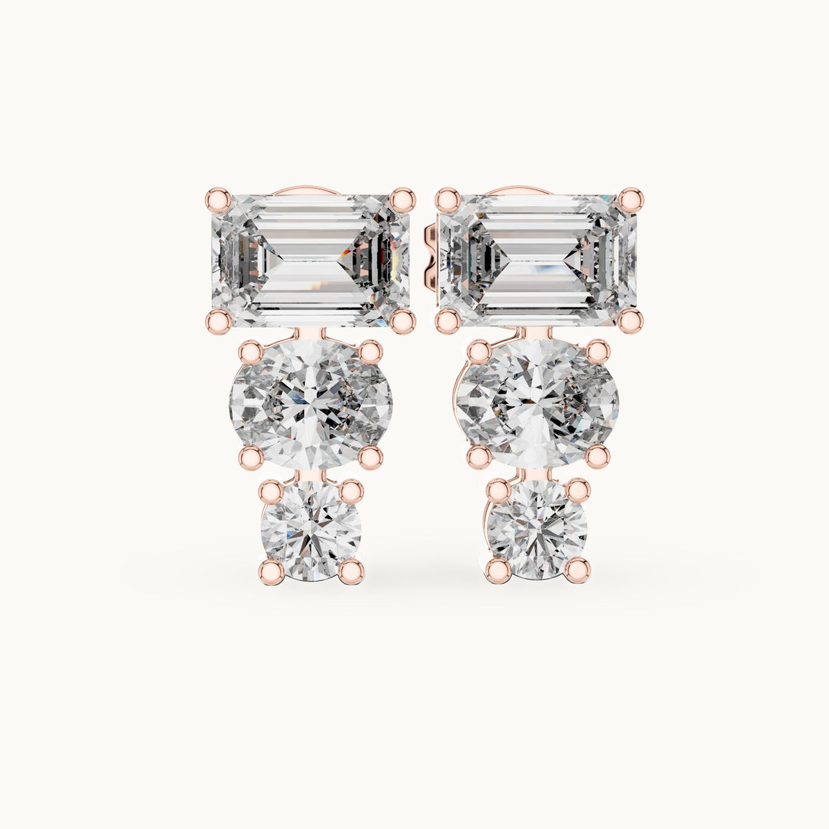 Emerald-cut, oval and round lab-grown diamond three-stone drop earrings in rose gold, 2.38 CT TW, view 4