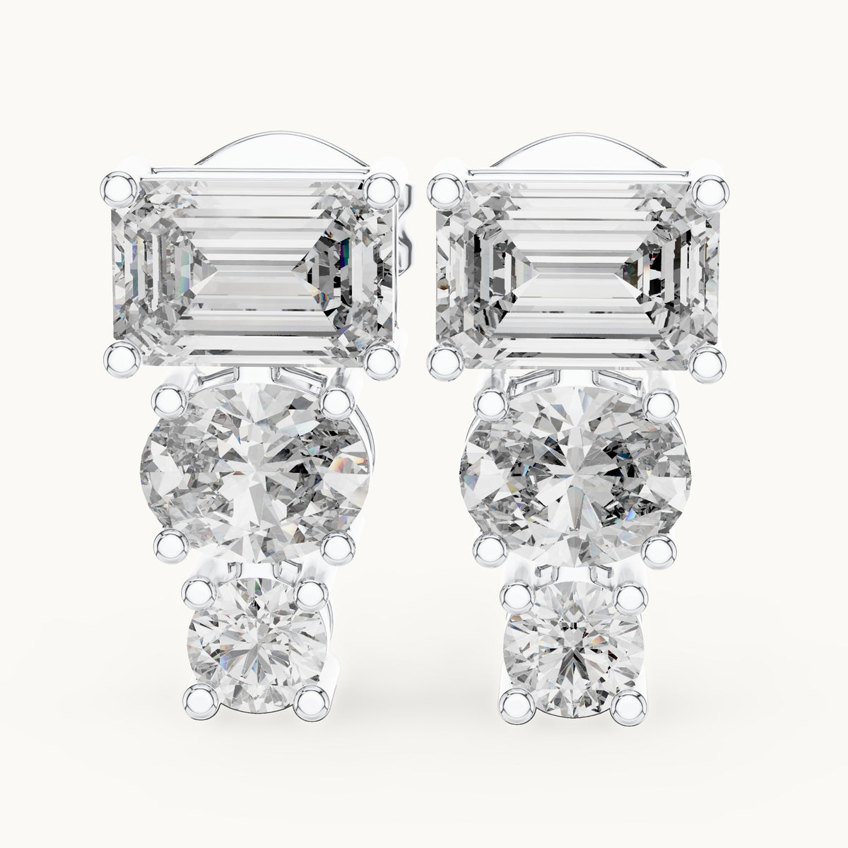 Emerald-cut, oval and round lab-grown diamond three-stone drop earrings in white gold, 2.38 CT TW, view 1