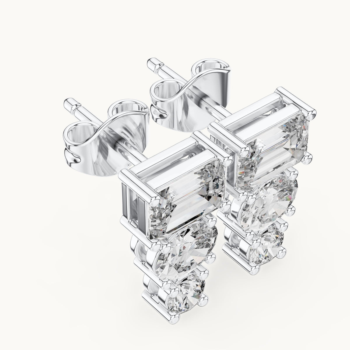 Emerald-cut, oval and round lab-grown diamond three-stone drop earrings in white gold, 2.38 CT TW, view 2