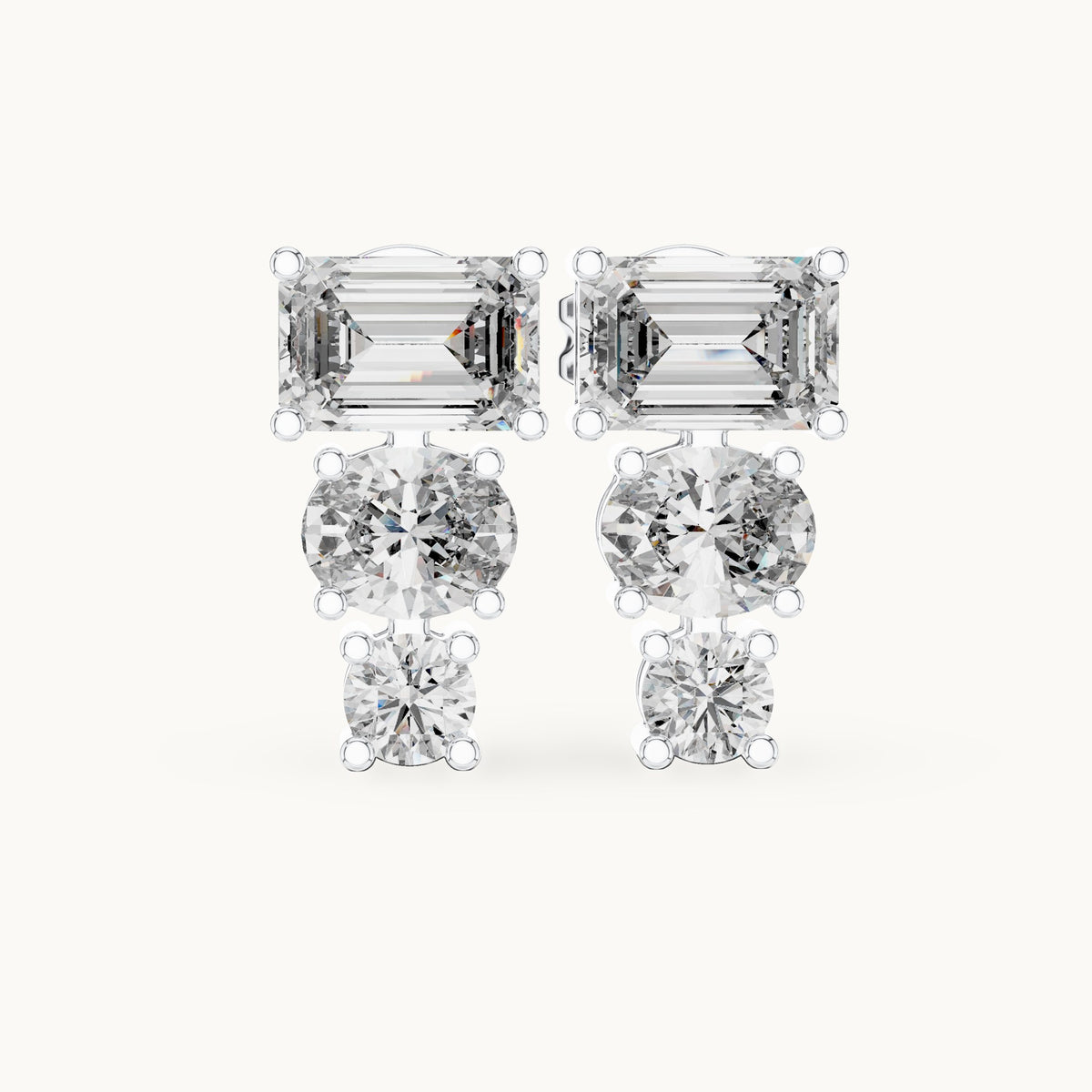 Emerald-cut, oval and round lab-grown diamond three-stone drop earrings in white gold, 2.38 CT TW, view 4