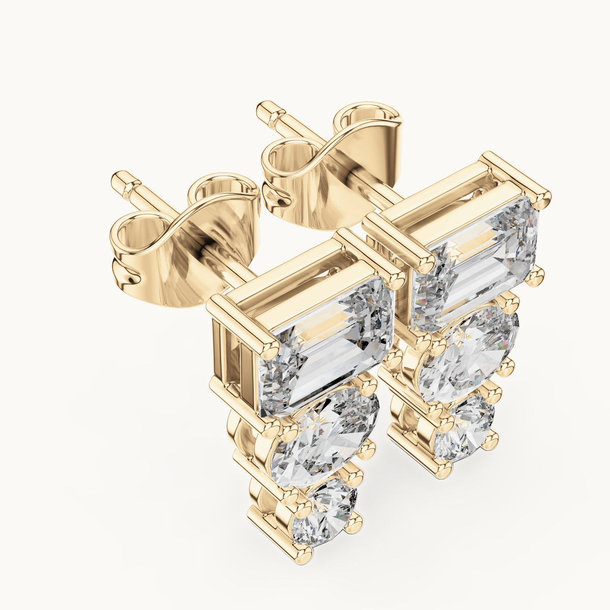 Emerald-cut, oval and round lab-grown diamond three-stone drop earrings in yellow gold, 2.38 CT TW, view 2