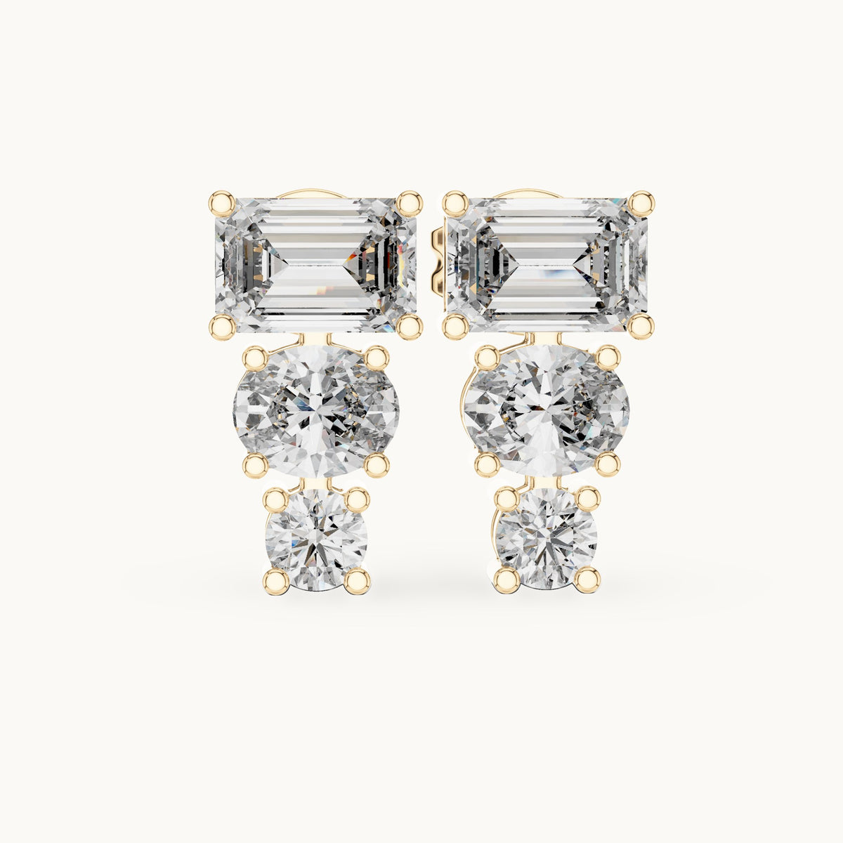 Emerald-cut, oval and round lab-grown diamond three-stone drop earrings in yellow gold, 2.38 CT TW, view 4