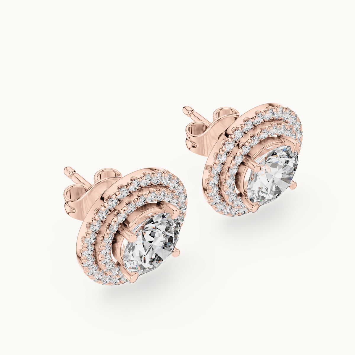 Round lab-grown diamond large double halo stud earrings in rose gold, 2.68 CT TW, view 2