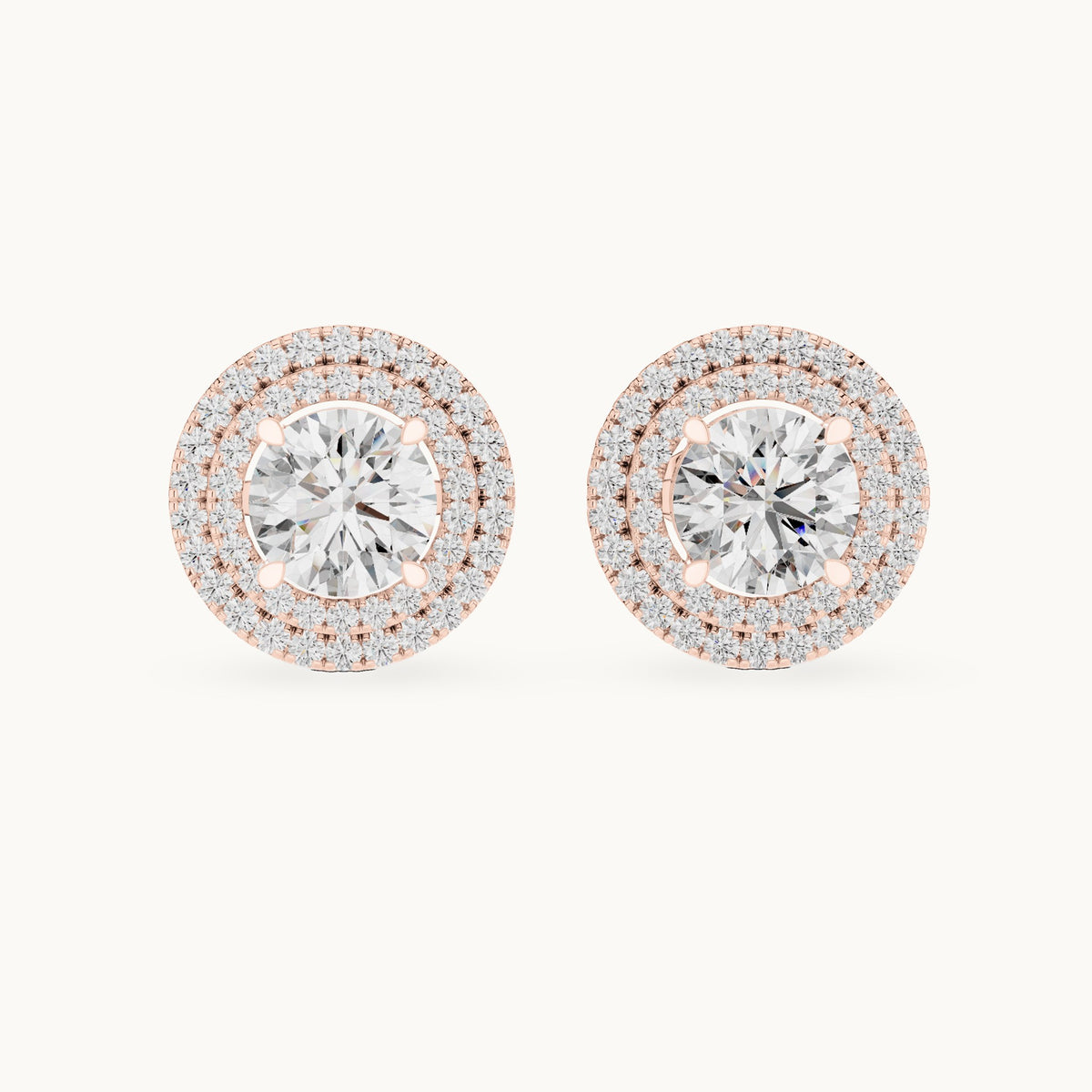Round lab-grown diamond large double halo stud earrings in rose gold, 2.68 CT TW, view 4