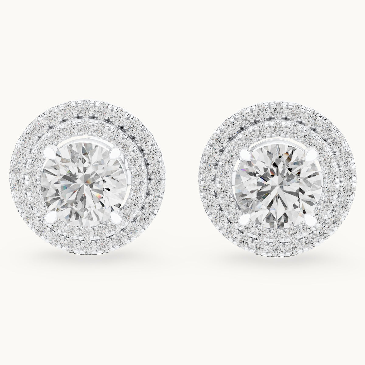 Round lab-grown diamond large double halo stud earrings in white gold, 2.68 CT TW, view 1