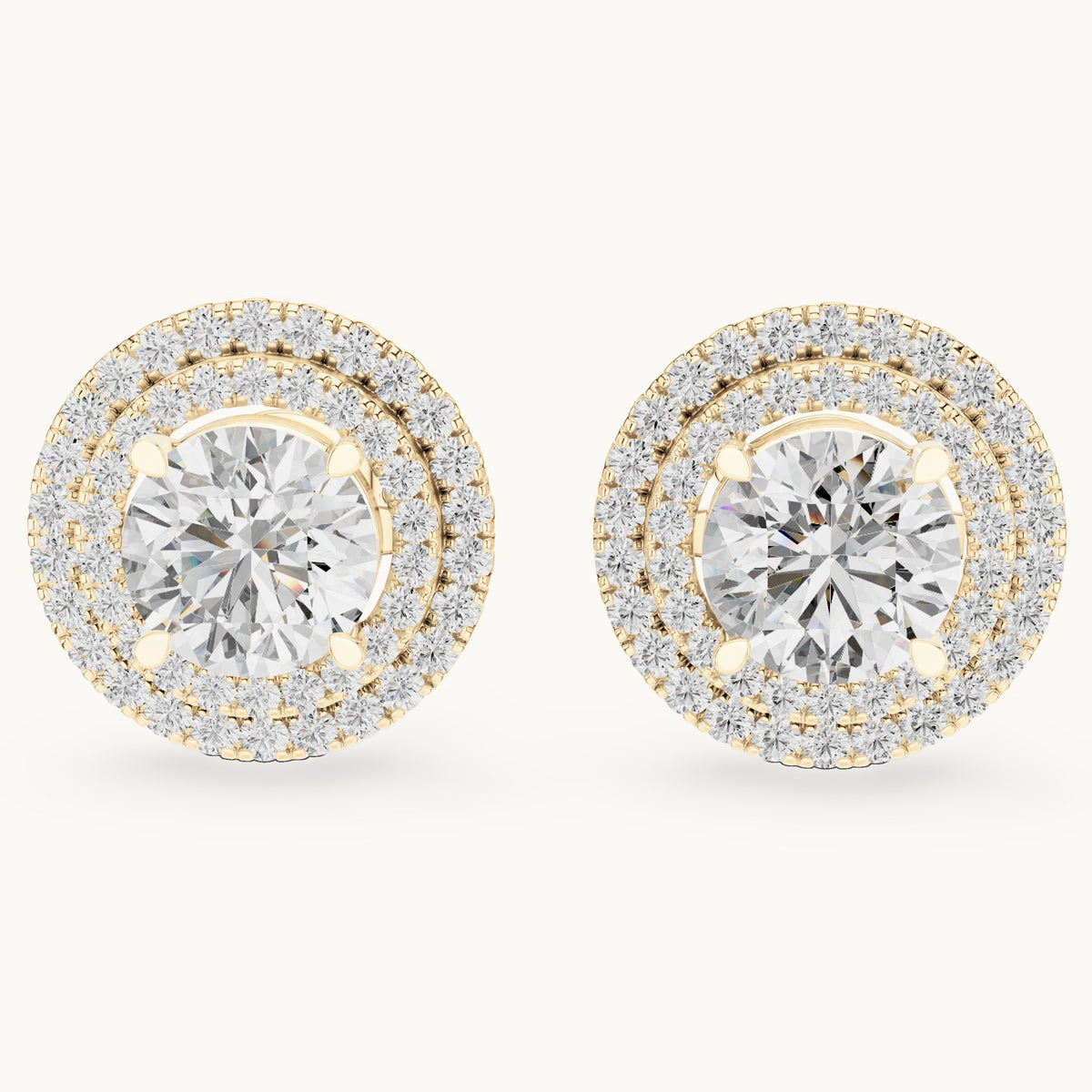 Round lab-grown diamond large double halo stud earrings in yellow gold, 2.68 CT TW, view 1