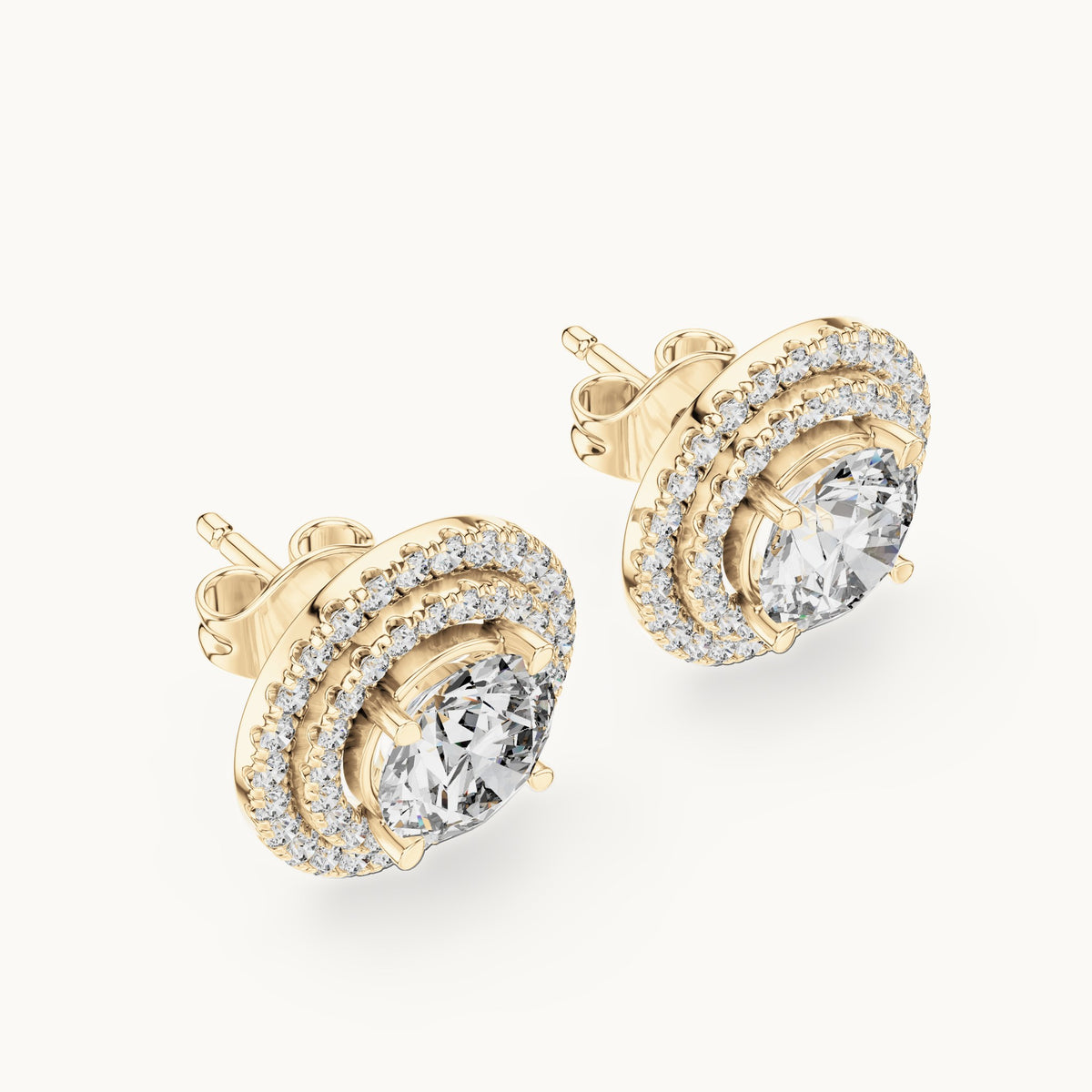 Round lab-grown diamond large double halo stud earrings in yellow gold, 2.68 CT TW, view 2