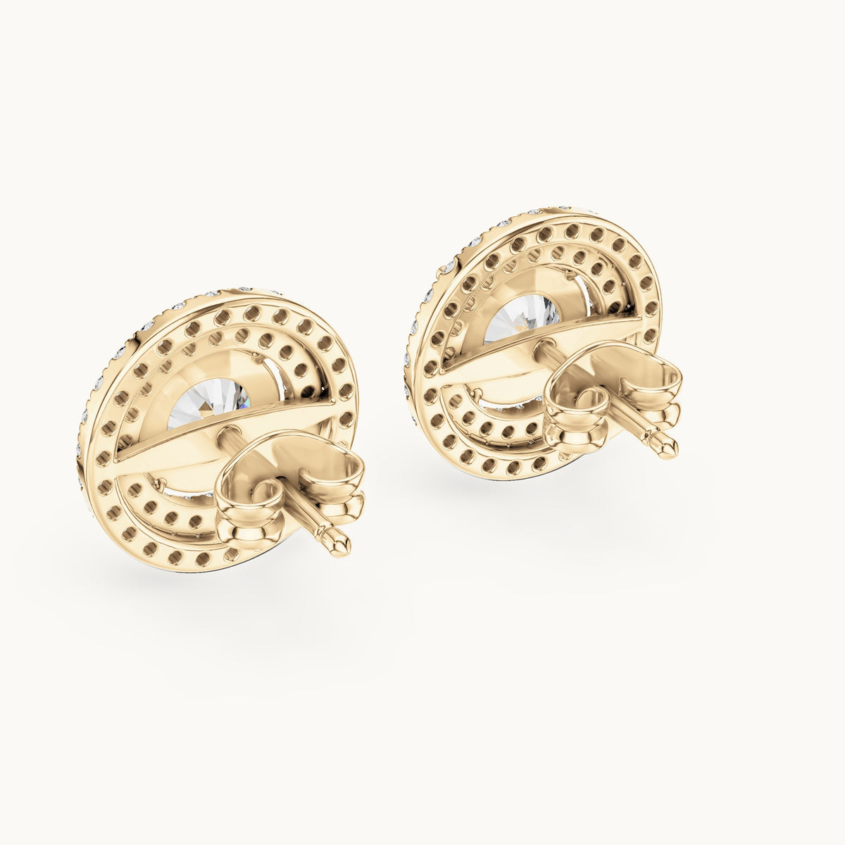 Round lab-grown diamond large double halo stud earrings in yellow gold, 2.68 CT TW, view 3