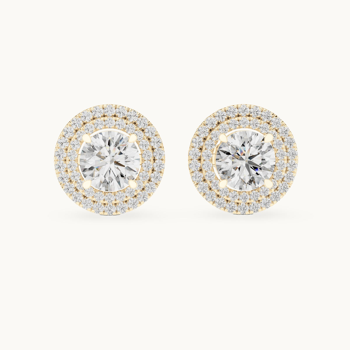 Round lab-grown diamond large double halo stud earrings in yellow gold, 2.68 CT TW, view 4