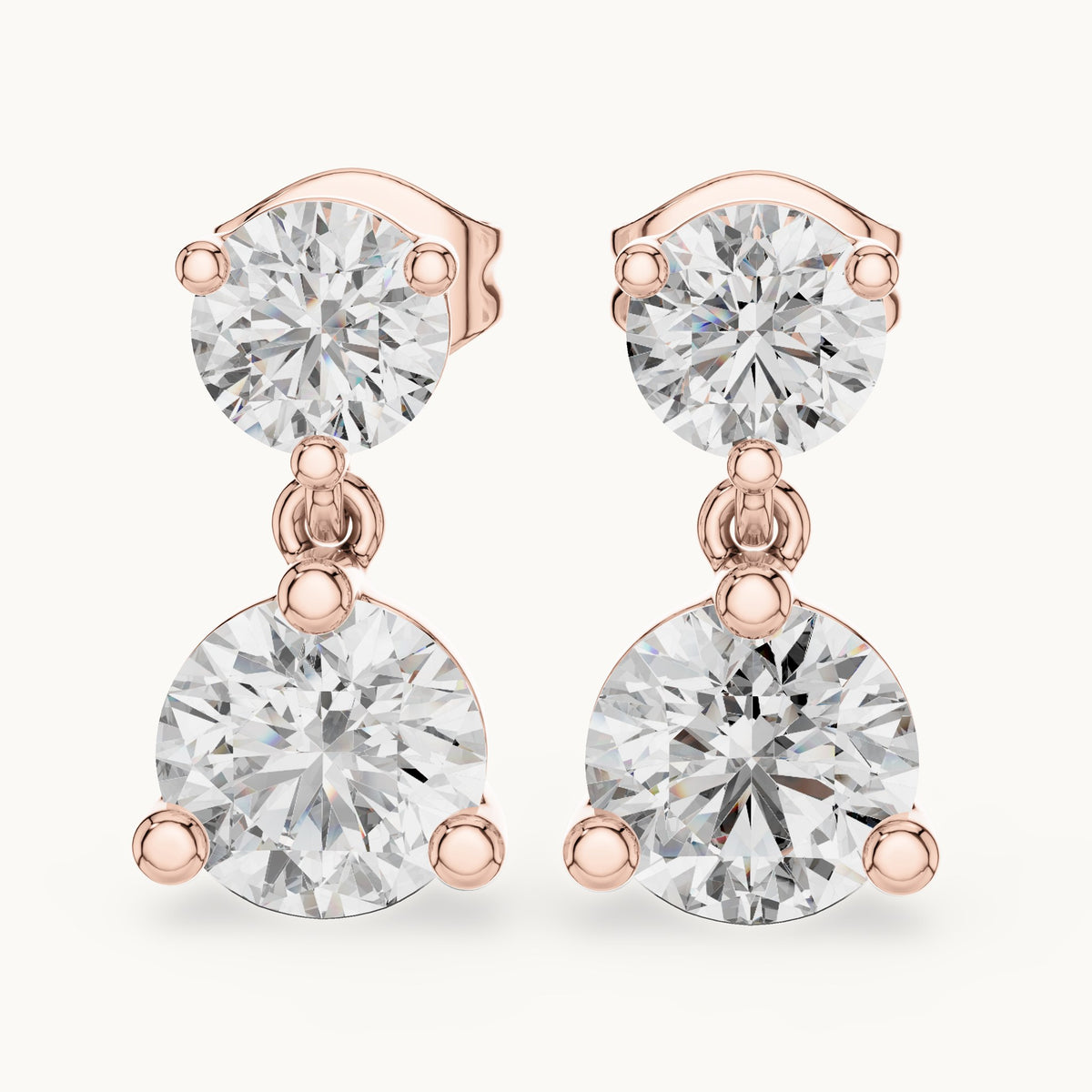 Round lab-grown diamond two-stone drop earrings in rose gold, 3.00 CT TW, view 1