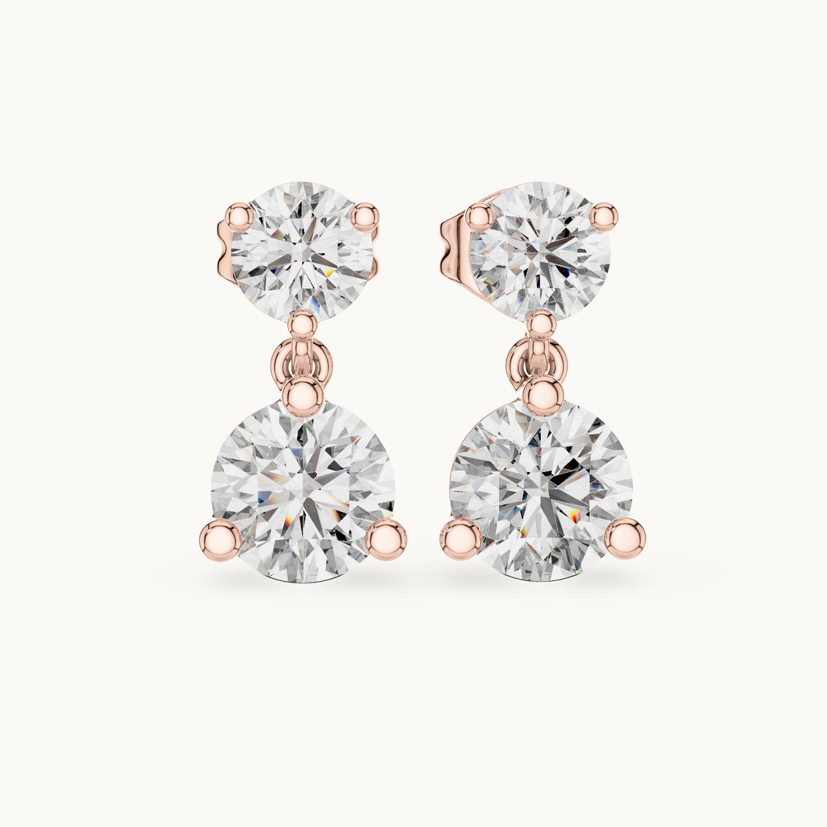 Round lab-grown diamond two-stone drop earrings in rose gold, 3.00 CT TW, view 4