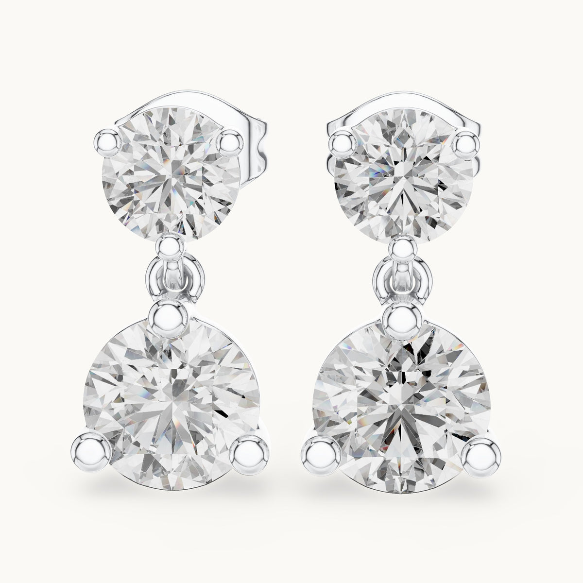 Round lab-grown diamond two-stone drop earrings in white gold, 3.00 CT TW, view 1