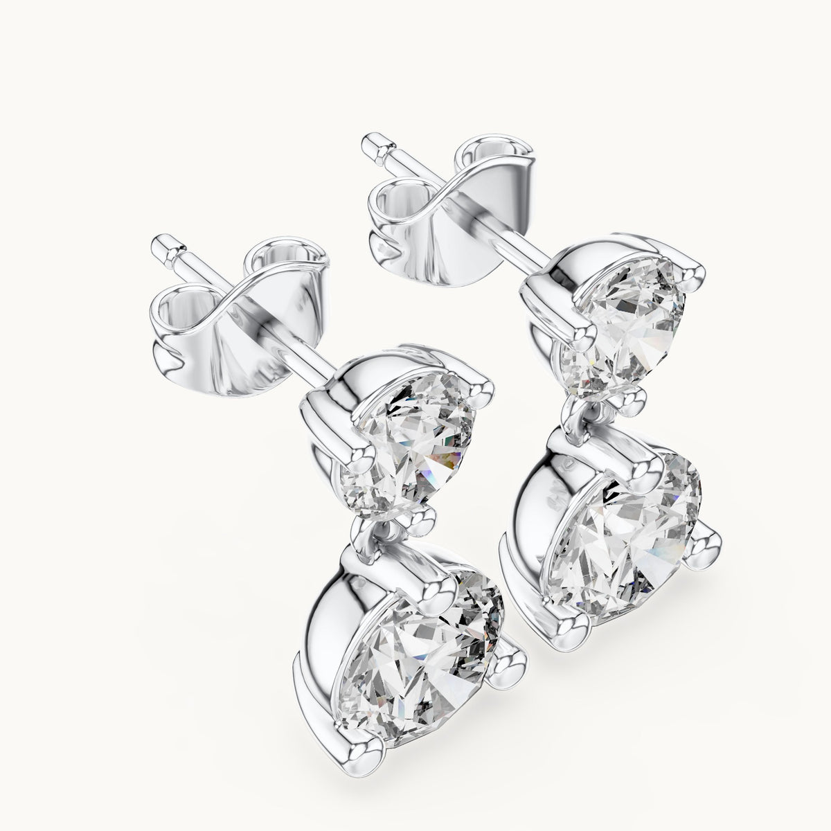 Round lab-grown diamond two-stone drop earrings in white gold, 3.00 CT TW, view 2