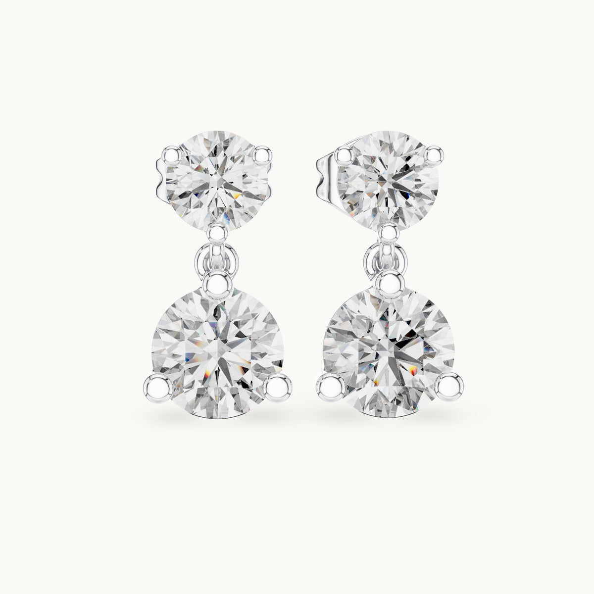 Round lab-grown diamond two-stone drop earrings in white gold, 3.00 CT TW, view 4