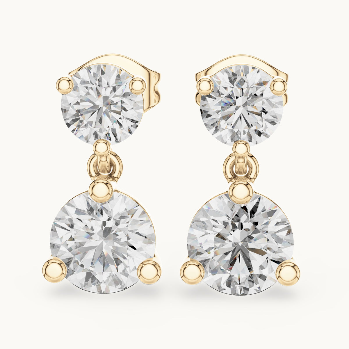 Round lab-grown diamond two-stone drop earrings in yellow gold, 3.00 CT TW, view 1