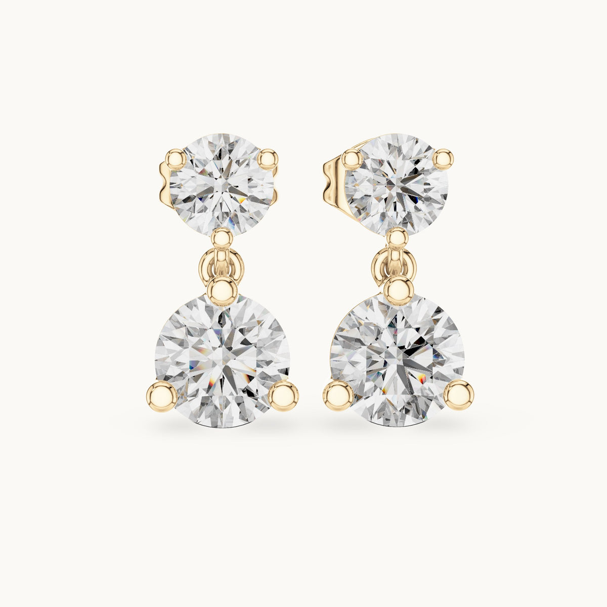 Round lab-grown diamond two-stone drop earrings in yellow gold, 3.00 CT TW, view 4