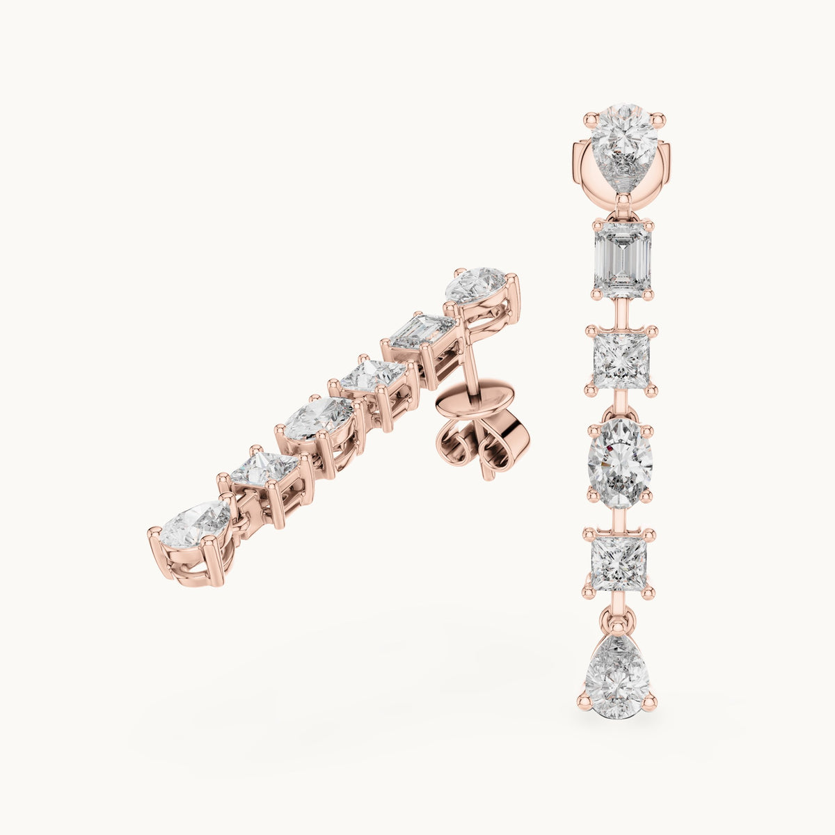 Pear, princess-cut and oval lab-grown diamond mixed-cut linear drop earrings in rose gold, 2.776 CT TW, view 1