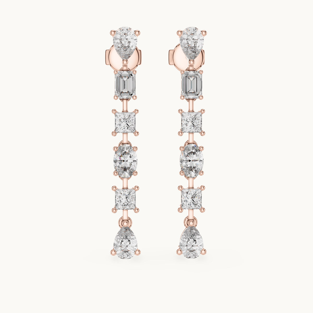 Pear, princess-cut and oval lab-grown diamond mixed-cut linear drop earrings in rose gold, 2.776 CT TW, view 4