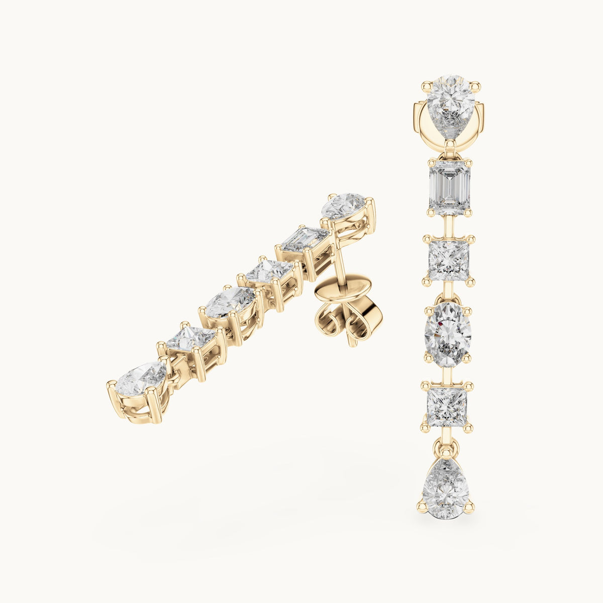 Pear, princess-cut and oval lab-grown diamond mixed-cut linear drop earrings in yellow gold, 2.776 CT TW, view 1