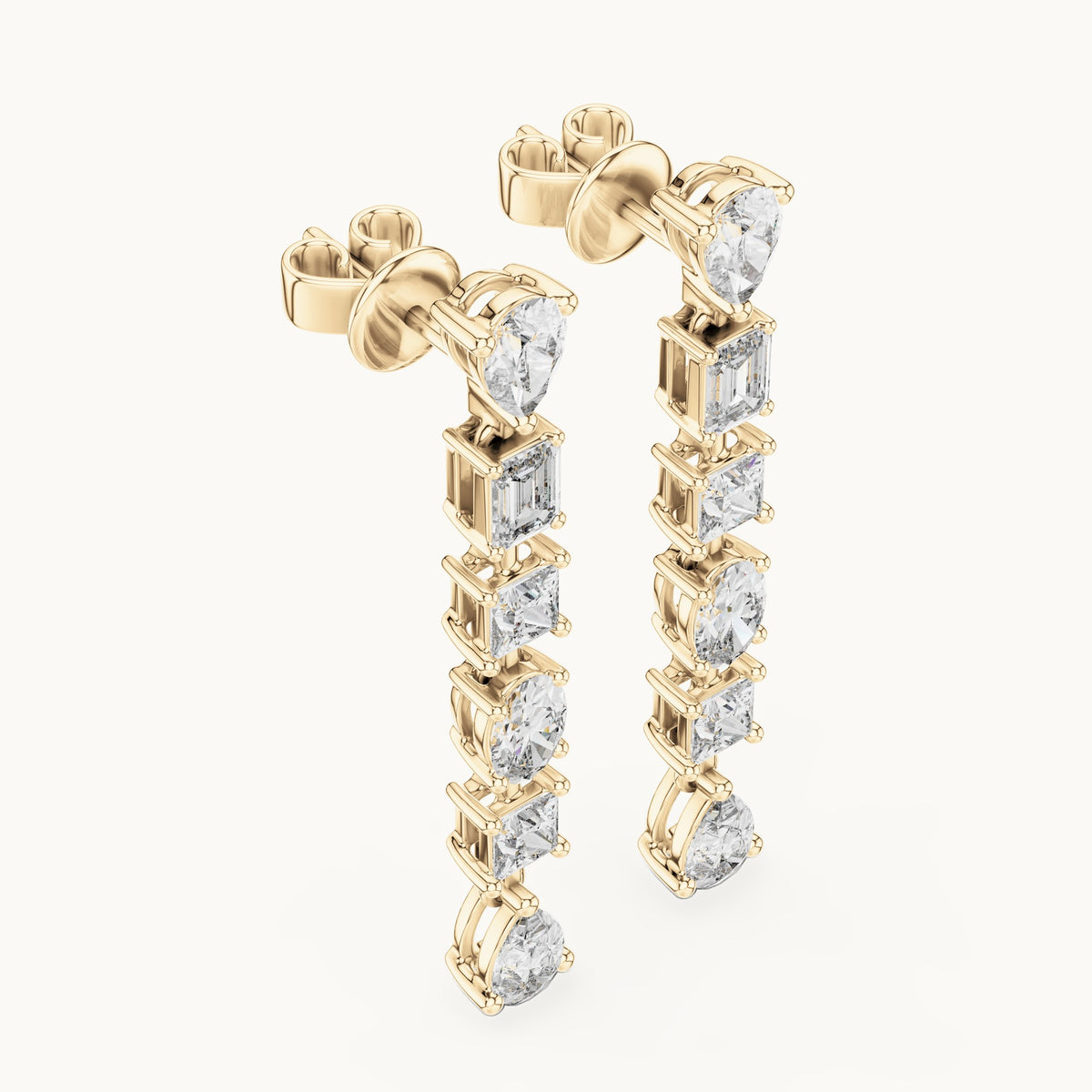 Pear, princess-cut and oval lab-grown diamond mixed-cut linear drop earrings in yellow gold, 2.776 CT TW, view 2