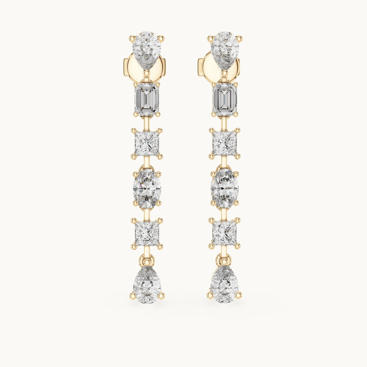 Pear, princess-cut and oval lab-grown diamond mixed-cut linear drop earrings in yellow gold, 2.776 CT TW, view 4