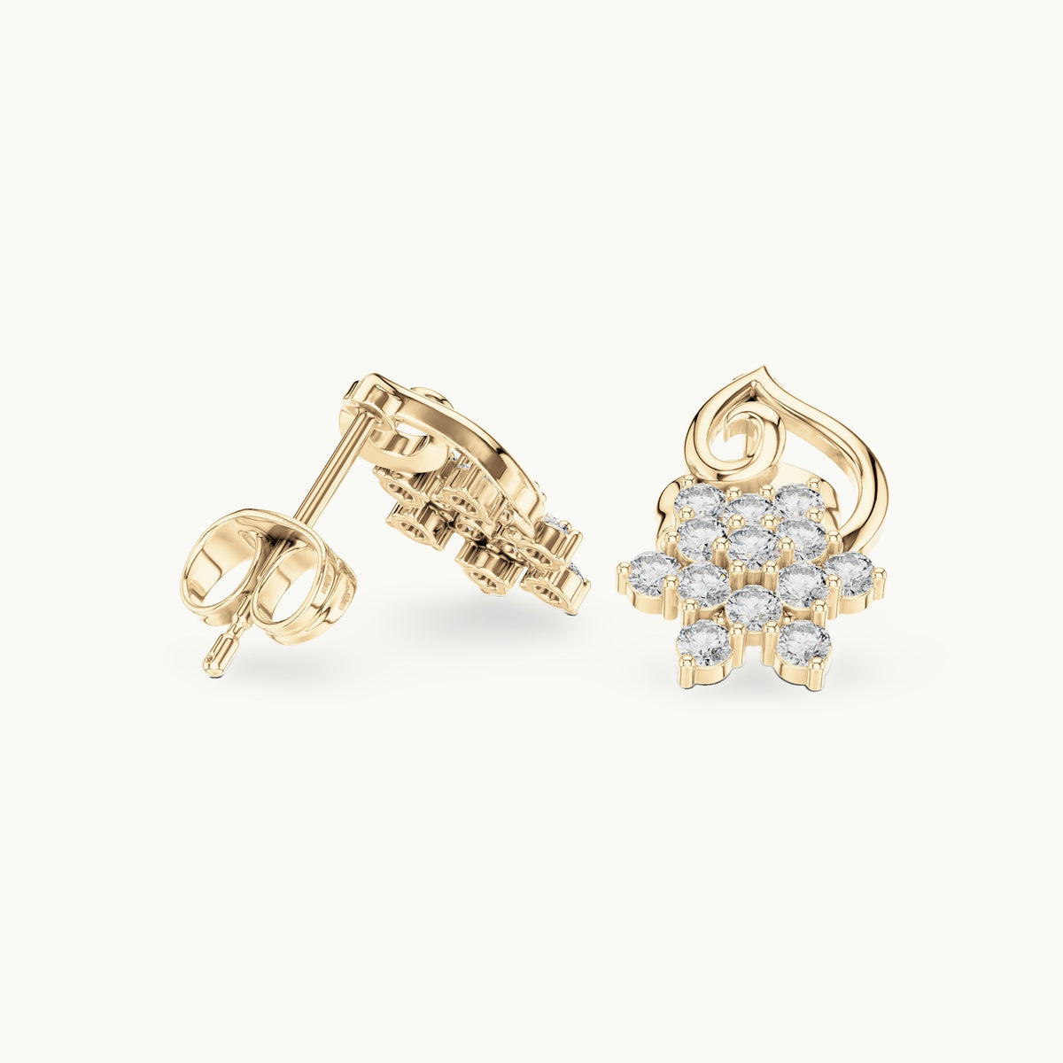 Round lab-grown diamond floral drop earrings in yellow gold, 0.65 CT TW, view 1
