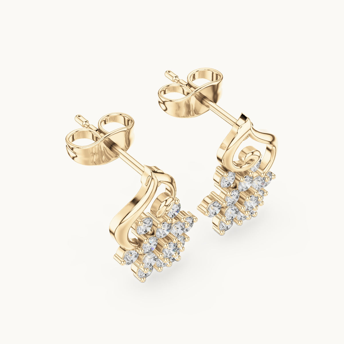 Round lab-grown diamond floral drop earrings in yellow gold, 0.65 CT TW, view 2