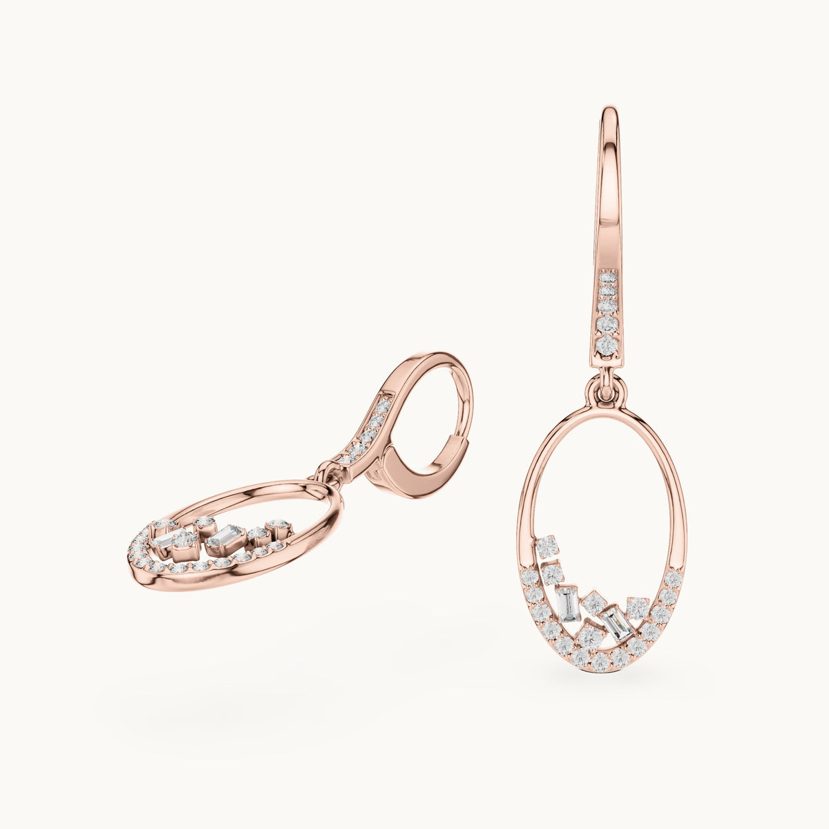 Round and baguette lab-grown diamond open oval drop earrings in rose gold, 0.277 CT TW, view 1