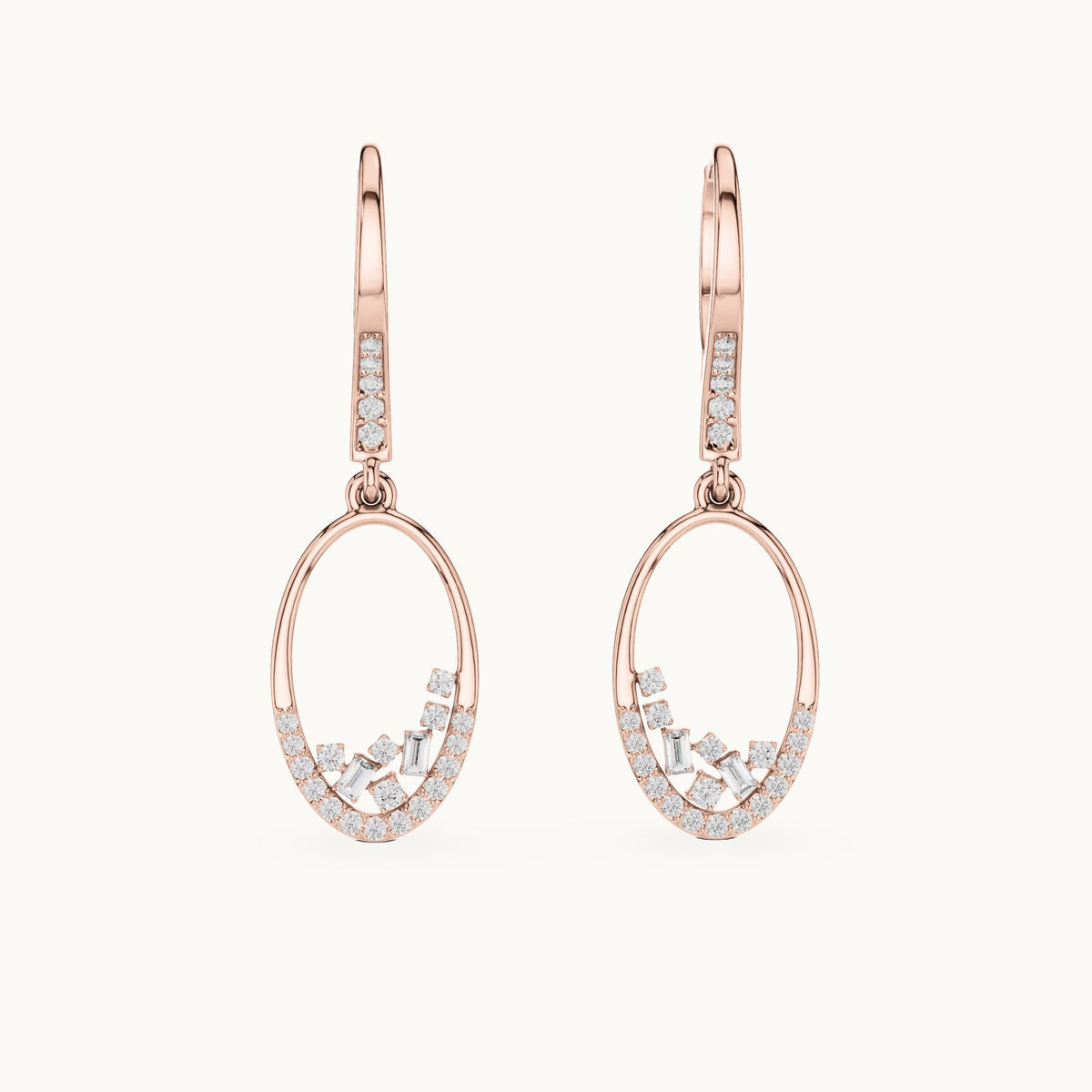 Round and baguette lab-grown diamond open oval drop earrings in rose gold, 0.277 CT TW, view 4