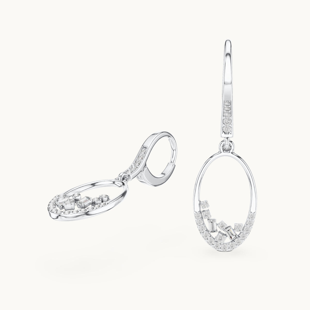 Round and baguette lab-grown diamond open oval drop earrings in white gold, 0.277 CT TW, view 1