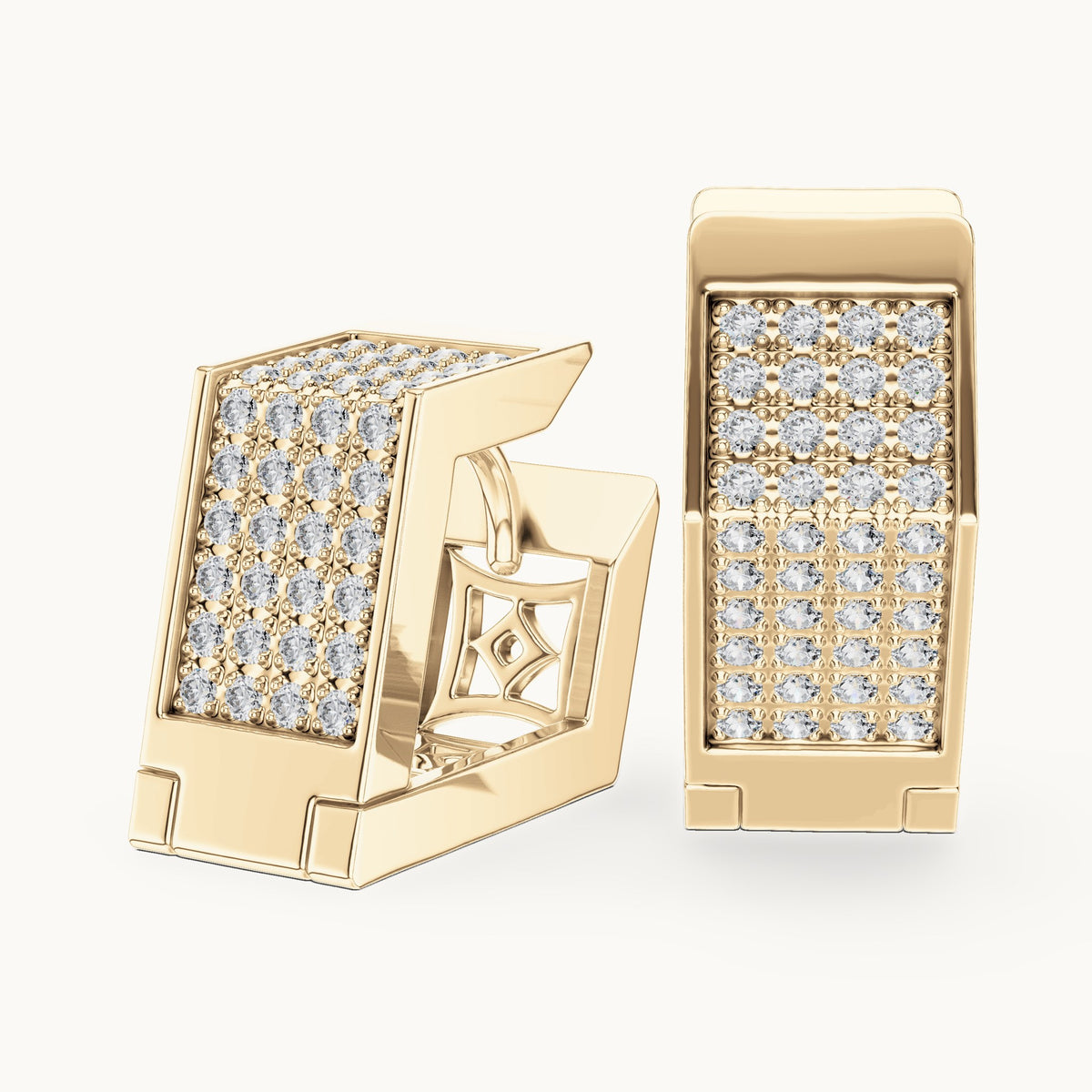 Round lab-grown diamond square grid huggie earrings in yellow gold, 0.40 CT TW, view 1