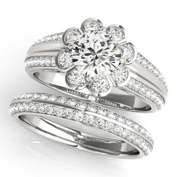 Diamond Halo Engagement Ring with Accent Stones