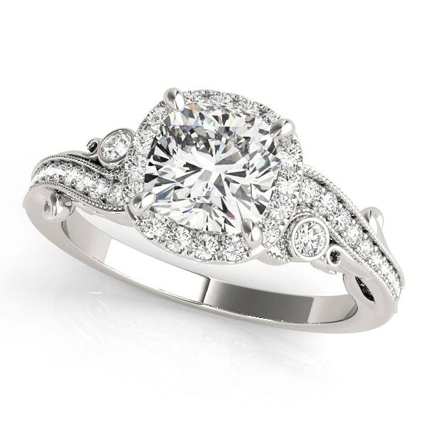 14K White Gold Cushion Diamond Engagement Ring with Halo