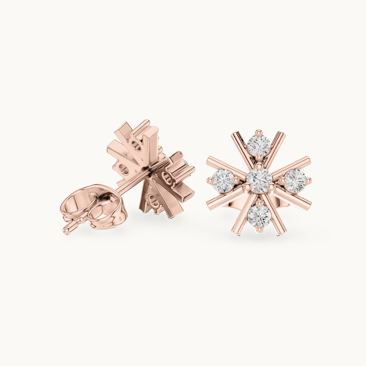 Round lab-grown diamond starburst stud earrings in rose gold, 0.32 CT TW, view 1